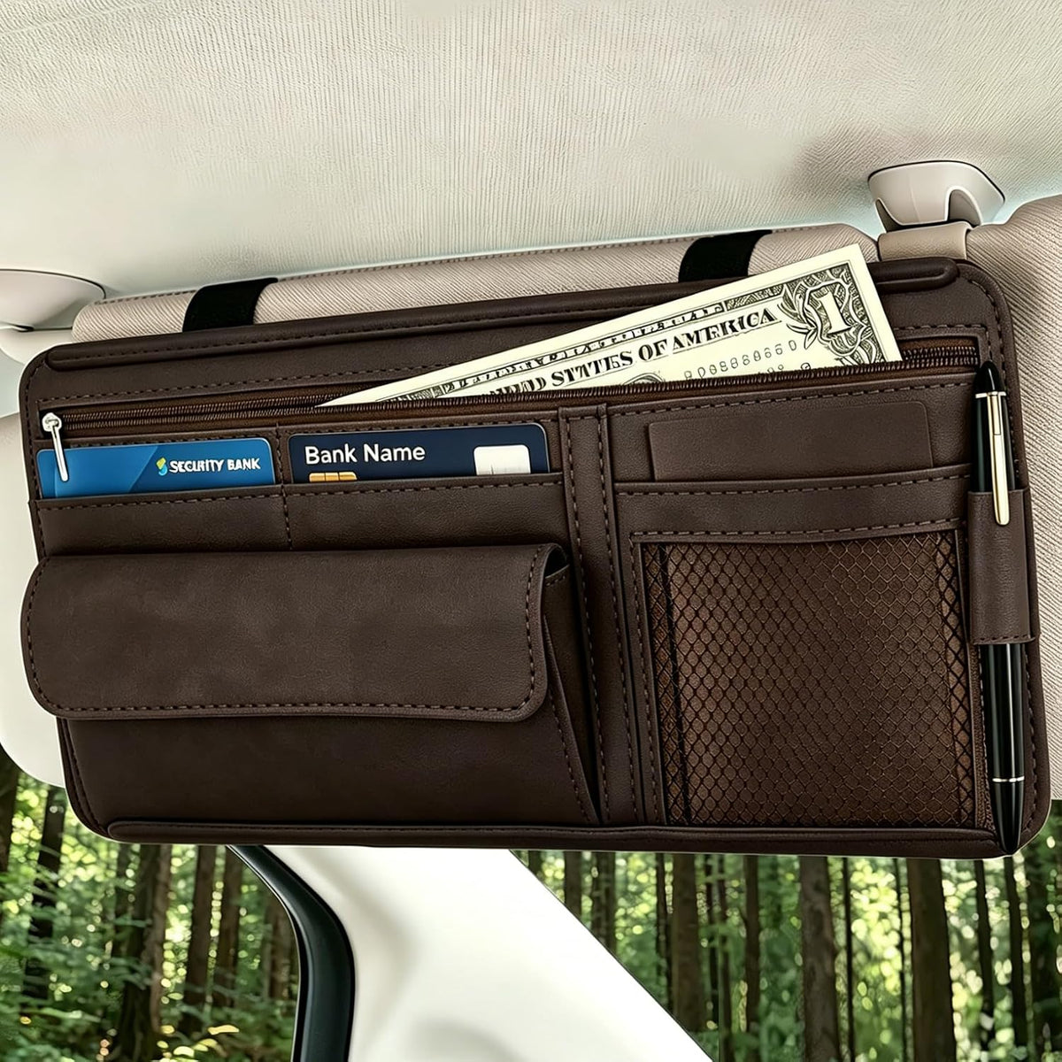Car Sun Visor Organizer, Visor Accessories, Leather Sunvisor Pocket Organizer Case with Multi-Pocket Net Zipper, Waterproof Auto Sunshade Organizer Bag for Card Pen Sunglasses Document (Black)