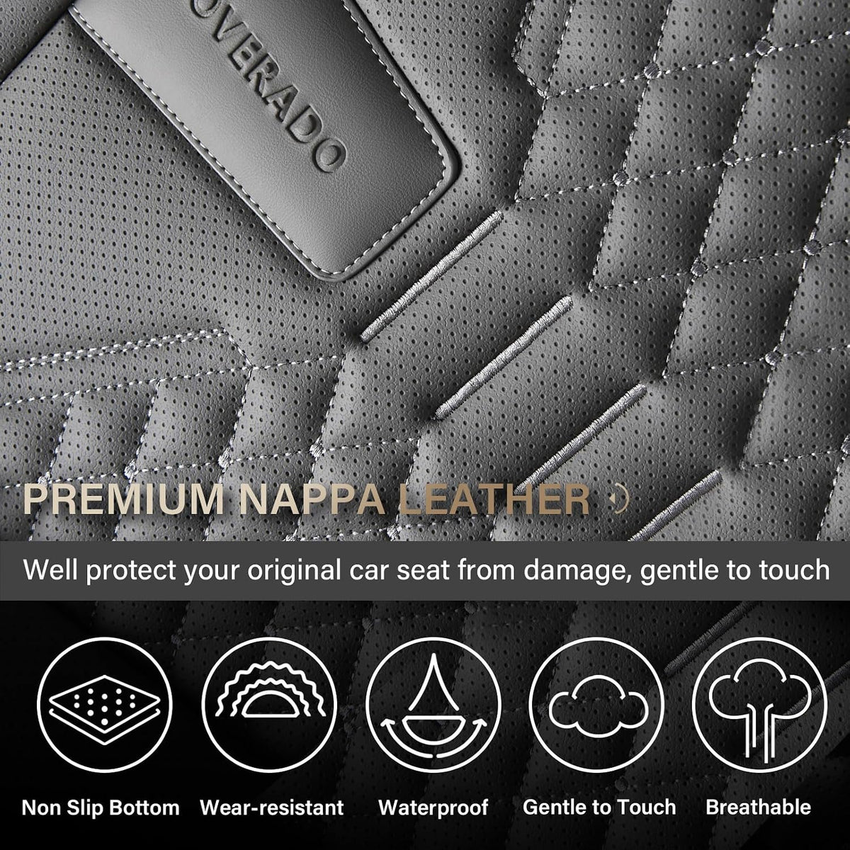 Coverado Car Seat Covers Full Set, Nappa Leather Seat Covers for Cars, Universal Waterproof Seat Covers, Front and Back Car Seat Protector, Automotive Seat Covers Fit for Most Cars, Gray