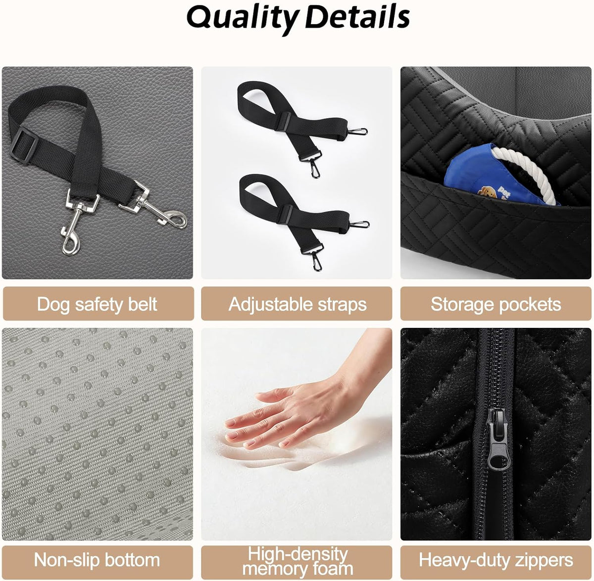 JOEJOY Dog Car Seats for Small Medium Dogs, Wipe Clean Waterproof Detachable PU Leather Cover, Thickened 2 inch Memory Foam Pet Car Seat with Safety Belt and Storage Pockets(No Cushion)