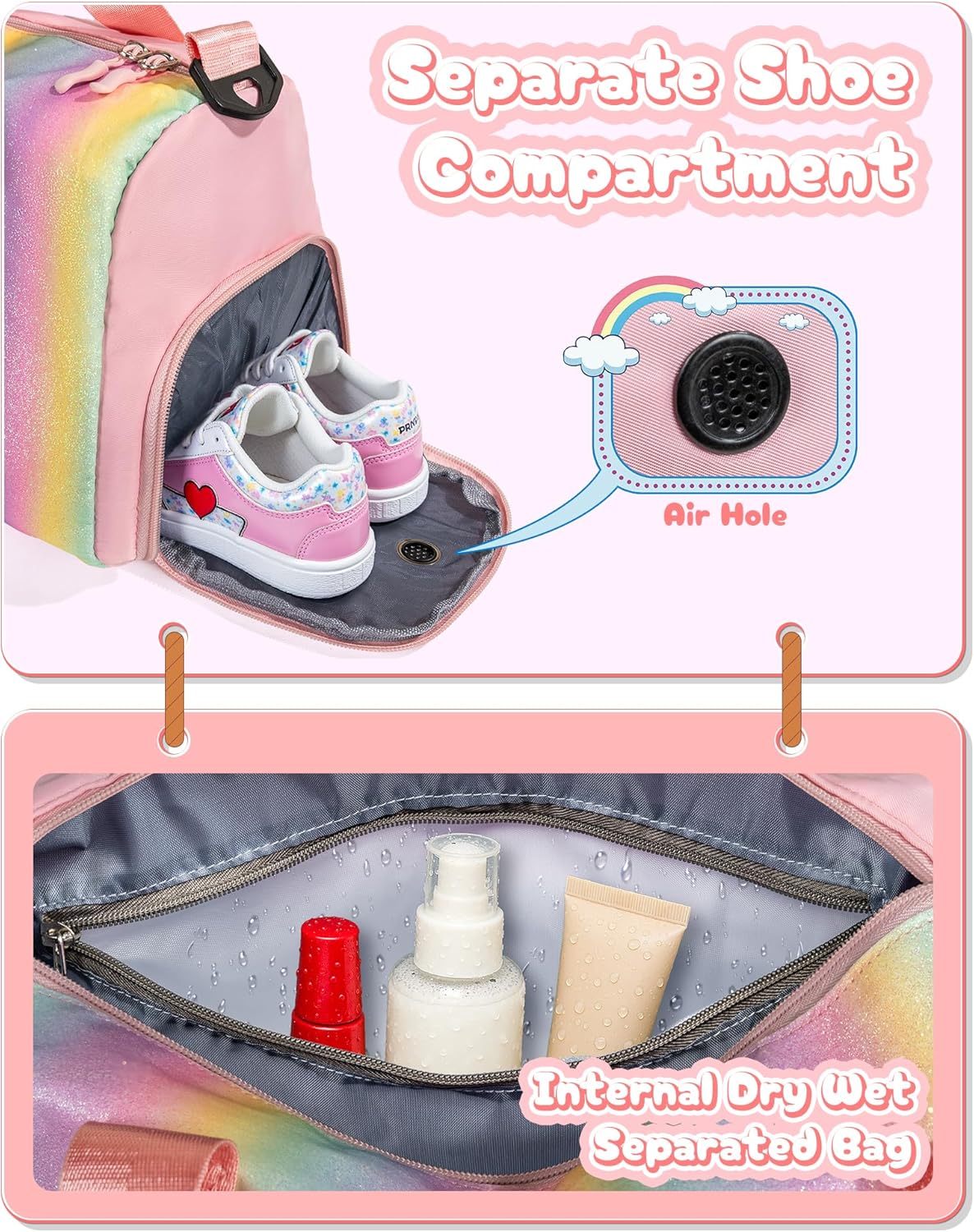 Skiennix Girl Gym Bag - Personalized Weekender Tote with Shoe Compartment & Makeup Pouch (Letter I)