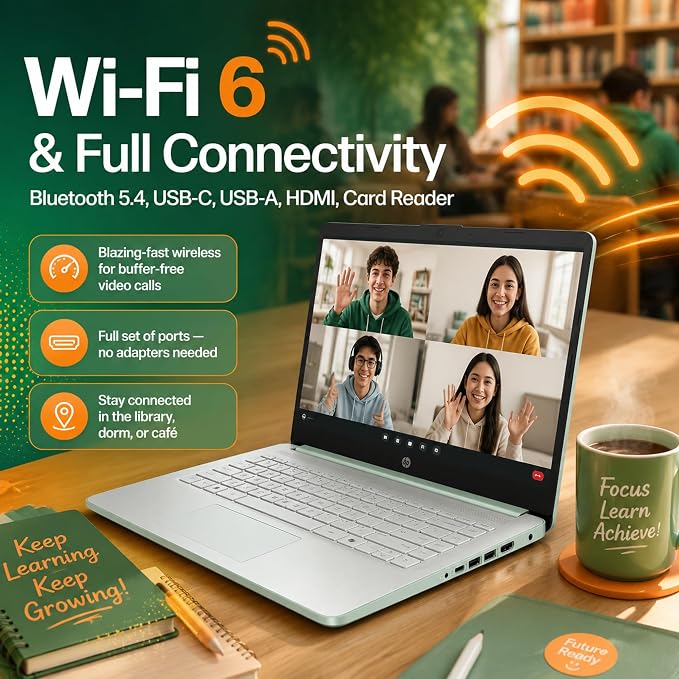 HP 14 Laptop for Students and Home Use, Intel Processor N150, 16GB RAM | 128GB UFS+256GB MSD, 14" HD Display, Wi-Fi 6, 1-Year Microsoft 365, Copilot AI Key, Lightweight, Willow Green, W/Mouse