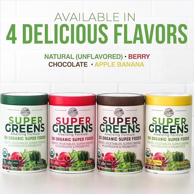 COUNTRY FARMS Organic Super Greens Apple Banana Flavor, 50 Organic Super Foods, Packed with Fiber, USDA Organic Drink Mix, Fruits, Vegetables, Mushrooms & Probiotics, Supports Energy, 5g Fiber