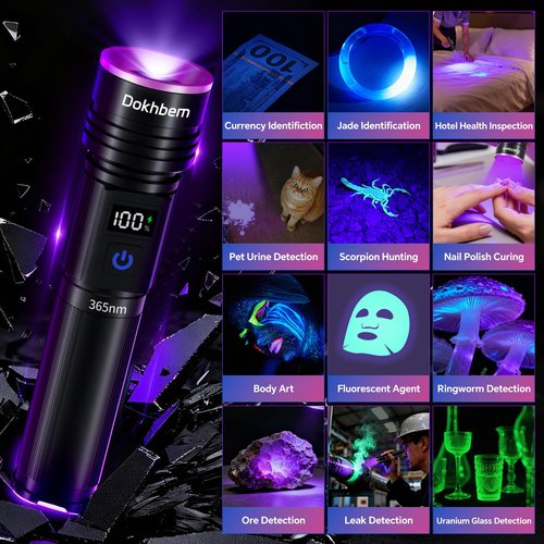 Dokhbem 365nm UV Flashlight Rechargeable, Black Light Flashlight with LCD Display, Powerful Ultraviolet Lights for Pet Urine Detection, Resin Curing, Rockhounding, Scorpion, Uranium Glass, A/C Leak