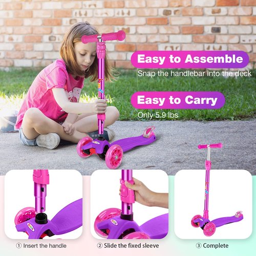 BELEEV Scooters for Kids 3 Wheel Kick Scooter for Toddlers Girls Boys, 4 Adjustable Height, Lean to Steer, Light up Wheels, Extra-Wide Deck, Easy to Assemble for Children Ages 3-12 (Pink Purple)