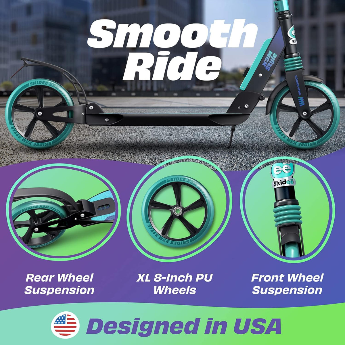 Skidee Scooter for Adults & Teens - Adjustable Height, Lightweight, Durable, Anti-Shock Suspension, Large Wheels, 220 lbs Capacity