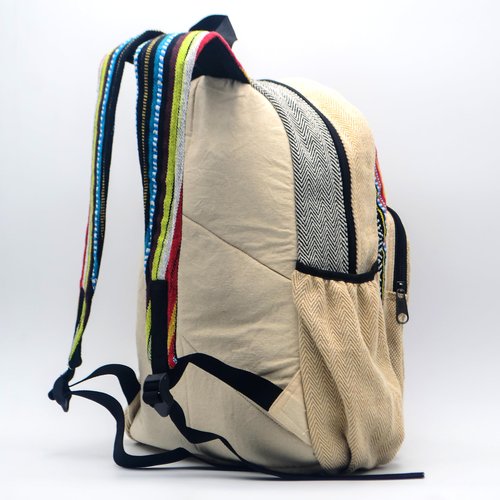 Anitya Hemp Backpack, 16x11 inches, Striped Pattern with Decorative Patches, Multiple Compartments, Unisex (GHB-003)