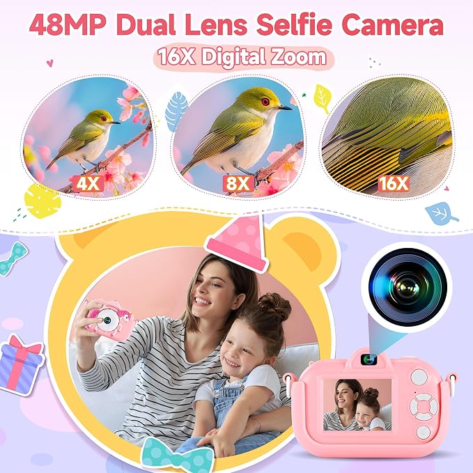 Kids Camera Toys for Ages 3 4 5 6 7 8 9 Girls, 48MP Dual Lens Toddler Digital