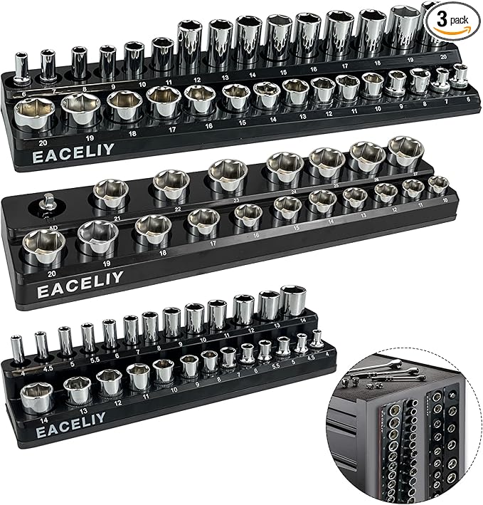 3Pcs 1/2", 1/4" and 3/8" Magnetic Socket Organizer Set,Metric Socket Holder Kit, Socket Trays，holds 75 Deep and Shallow 3/8" Sockets(sockets not included)
