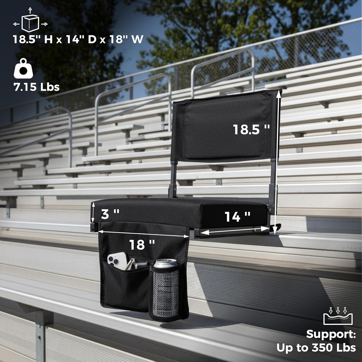 Skiennix Stadium Seats - 18.5" High Back Support & 3" Thick Foam Cushion | Portable Folding Chair with Strap & Cup Holder