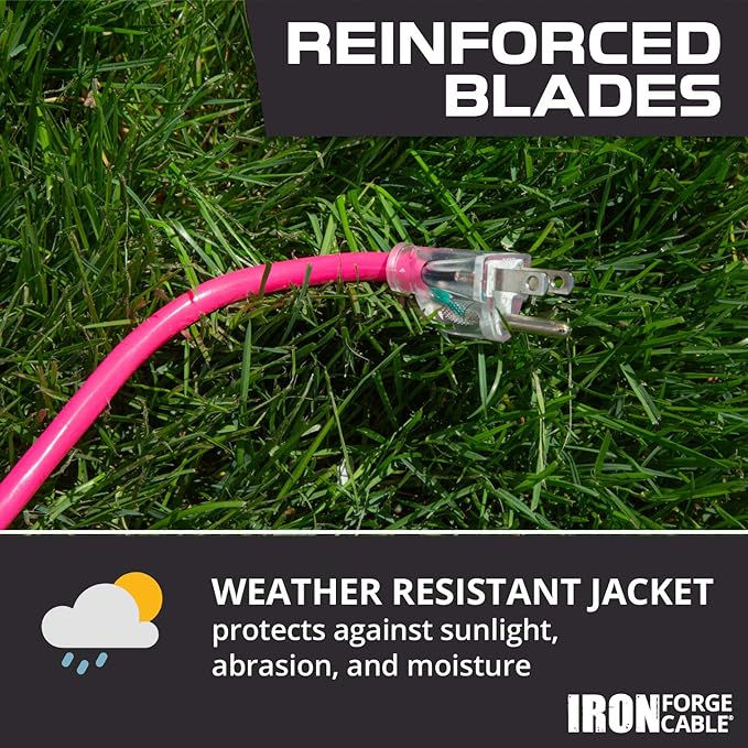 Iron Forge Cable Weatherproof 100 Ft Outdoor Extension Cord - 16/3 SJTW 10 Amp Heavy Duty Neon Pink Extension Cord 3 Prong - Lighted End