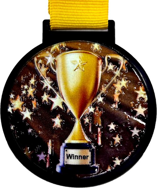 Champion Trophy Cups - 10 Pack of 2.25 Inch Winner Medals with Neck Ribbons | Black & Gold