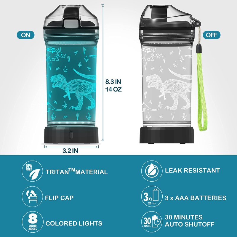 YuanDian Dinosaur Water Bottle, Light Up Boy Drinking Cups with 3D Dinosaur Night Light- 14 OZ Tritan BPA Free Eco-Friendly - Cool Jurassic Merchandise Gift for School Kids Boy Girl