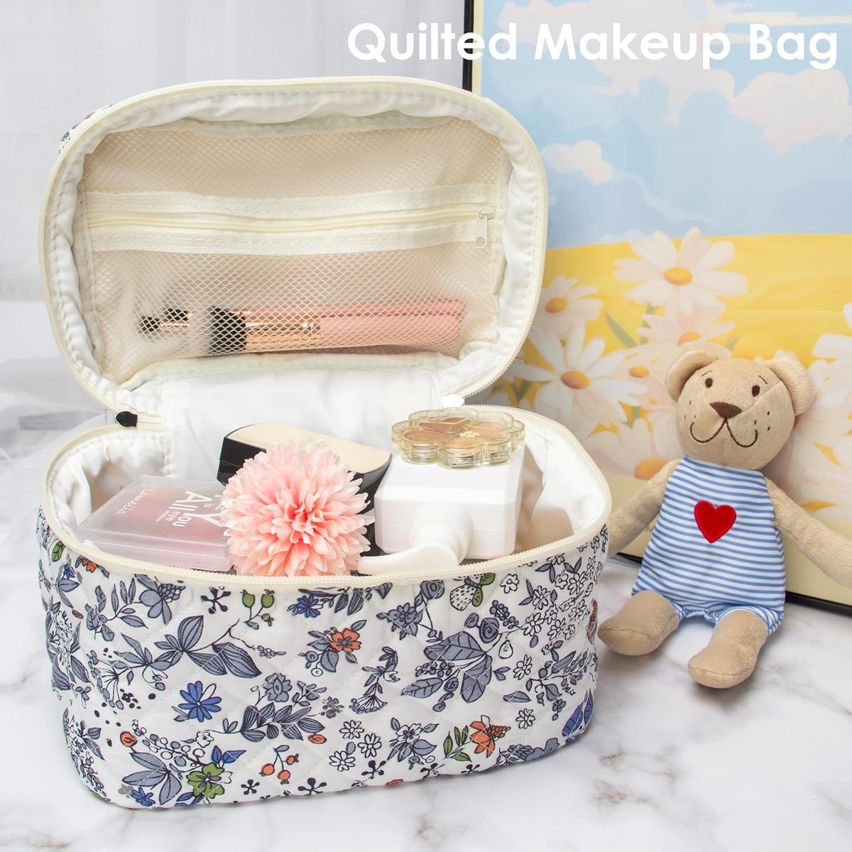 Quilted Makeup Bag for Women, Travel Cosmetic&Toiletry Bag,Leaf White