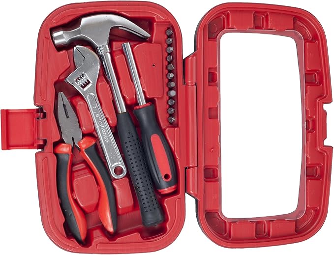 15-Piece Tool Set - Household Tool Kit with Hammer, Multi-Bit Screwdriver Set, Pliers, Wrench- Tools and Equipment for DIY Projects by Stalwart (Red)