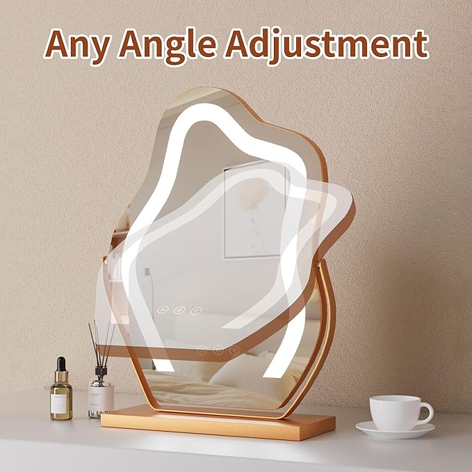 Makeup Mirror with Lights -17″ Cloud Shaped Smart Touch 3-Color Dimmable 360° Rotation Memory Metal Frame Plug-in AC Power Tabletop Vanity Mirror Gift for Women Teen Girls Champagne Gold