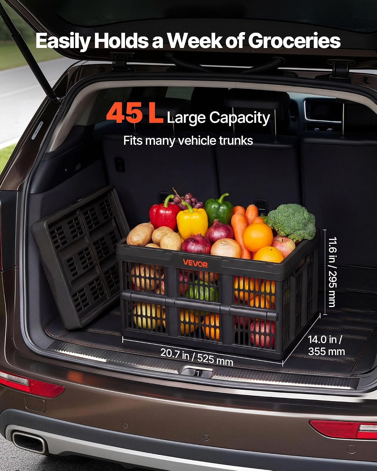 VEVOR Plastic Collapsible Storage Bins, 45L 3 Packs, Stackable Folding Storage Crates with Handles, Holds 33 lbs Per Bin, Foldable Heavy Duty Containers, Space-Saving Baskets, for Home Organizing