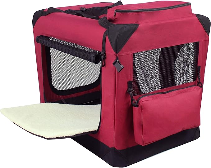 EliteField 3-Door Folding Soft Dog Crate with Carrying Bag and Fleece Bed (2 Year Warranty), Indoor & Outdoor Pet Home (36" L x 24" W x 28" H, Maroon)
