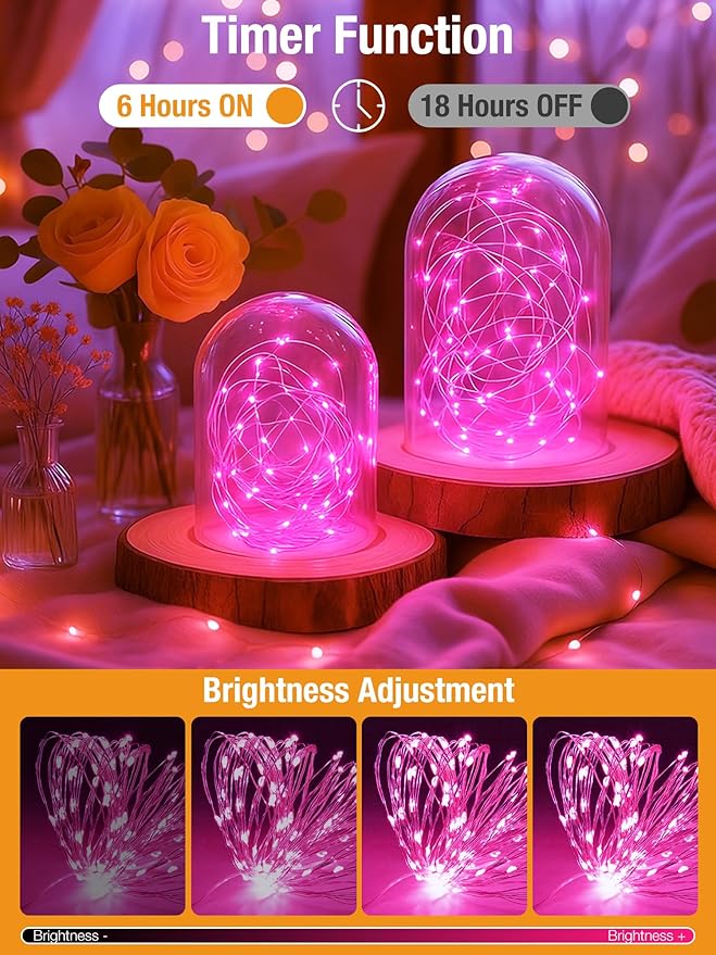btfarm 4 Pack Valentine's Day Pink Fairy Lights Battery Operated with Timer, 16.4 FT 50 LED Silver Wire Twinkle String Lights 8 Modes Dimmable Waterproof for Indoor Bedroom Wedding Decorations, Pink