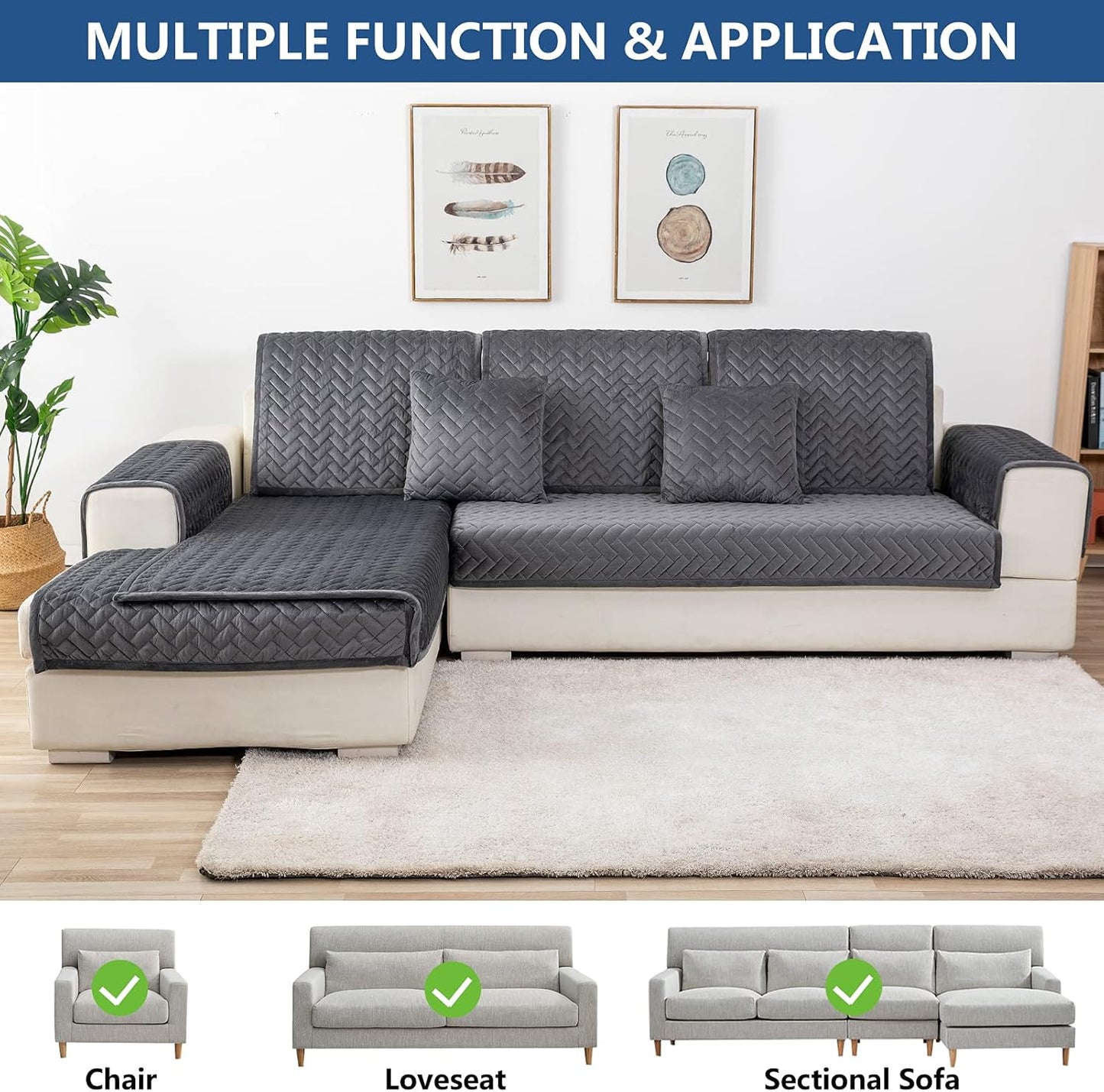 Eismodra Couch Cover,Sectional Couch Covers,Sofa Covers for 3 Cushion Couch,Anti-Slip Sofa Slipcovers for Dogs Cats Kids Loveseat Recliner L Shaped Armrest Backrest,Dark Gray 36''x70''(Only 1 Piece)
