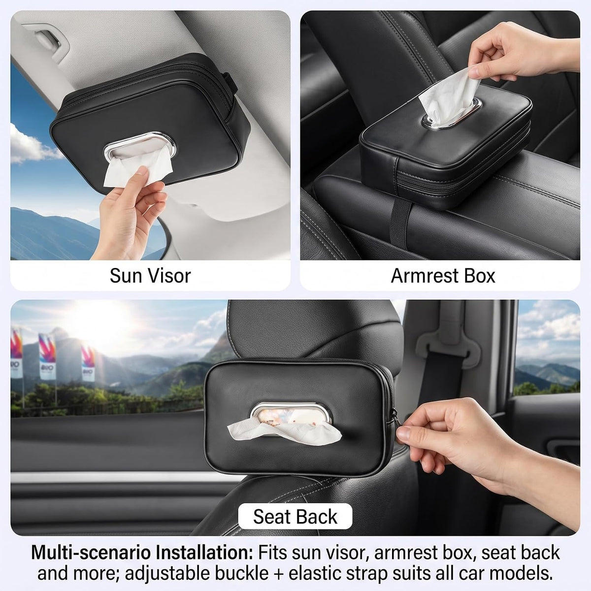 Car Tissue Holder, Car Napkin Holder, PU Leather Backseat Tissue Box Cover Fits for 120 Standard Kleenex Box, Large Rectangle Napkin Organizer for Auto Back Seat Headrest Sun Visor (Black)