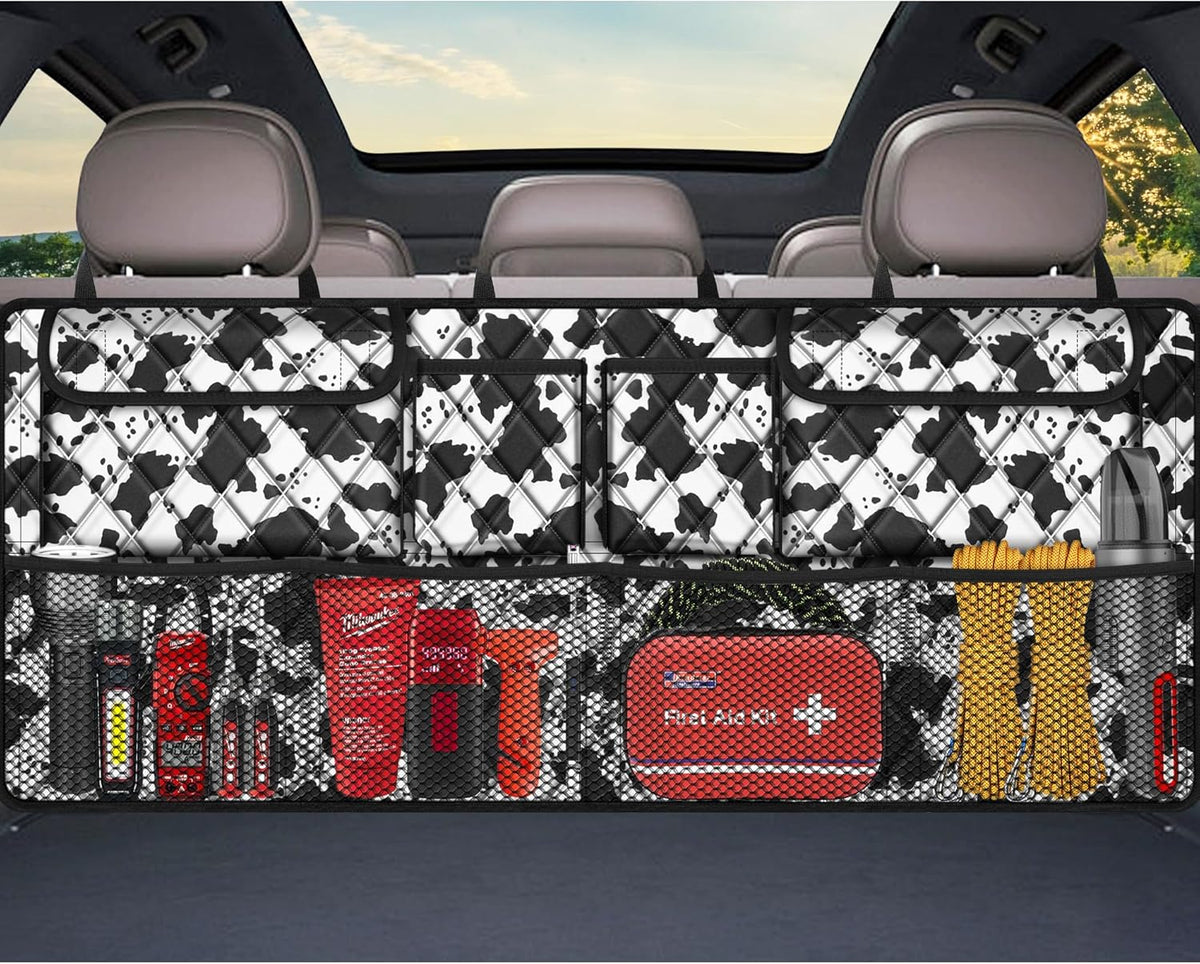 Femuar Car Trunk Organizer,Large Capacity Backseat Trunk Organizer(42"*18"),Collapsible Car Storage Bag with 8 Pocekt,SUV/MPV/Truck - Cow print