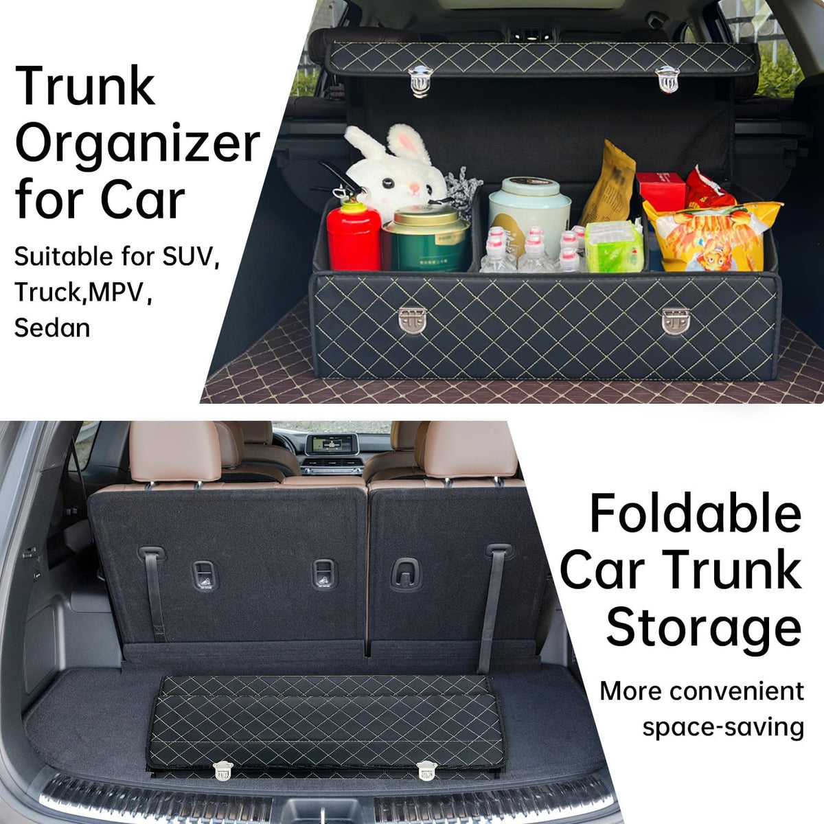 Car Trunk Organizer with Lid,Foldable Faux Leather Cargo Storage Box,3 Compartments,Collapsible Multi-Functional for SUV,Sedan,Vehicle Trunk