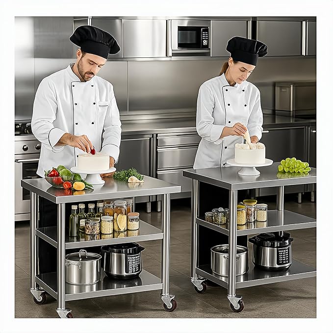 Stainless Steel Table with Wheels for Food Preparation and Work, Multi-Size Optional, Three-Layer Variable Two-Layer Metal Commercial Workbench Outdoor, Restaurant, Kitchen