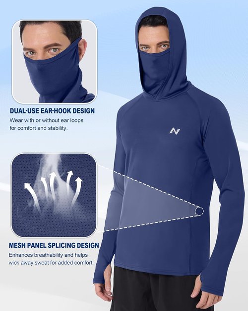 Isnowood Men's UPF 50+ Fishing Sun Hoodie - UV Protection Long Sleeve Shirt with Mask for Outdoor Activities