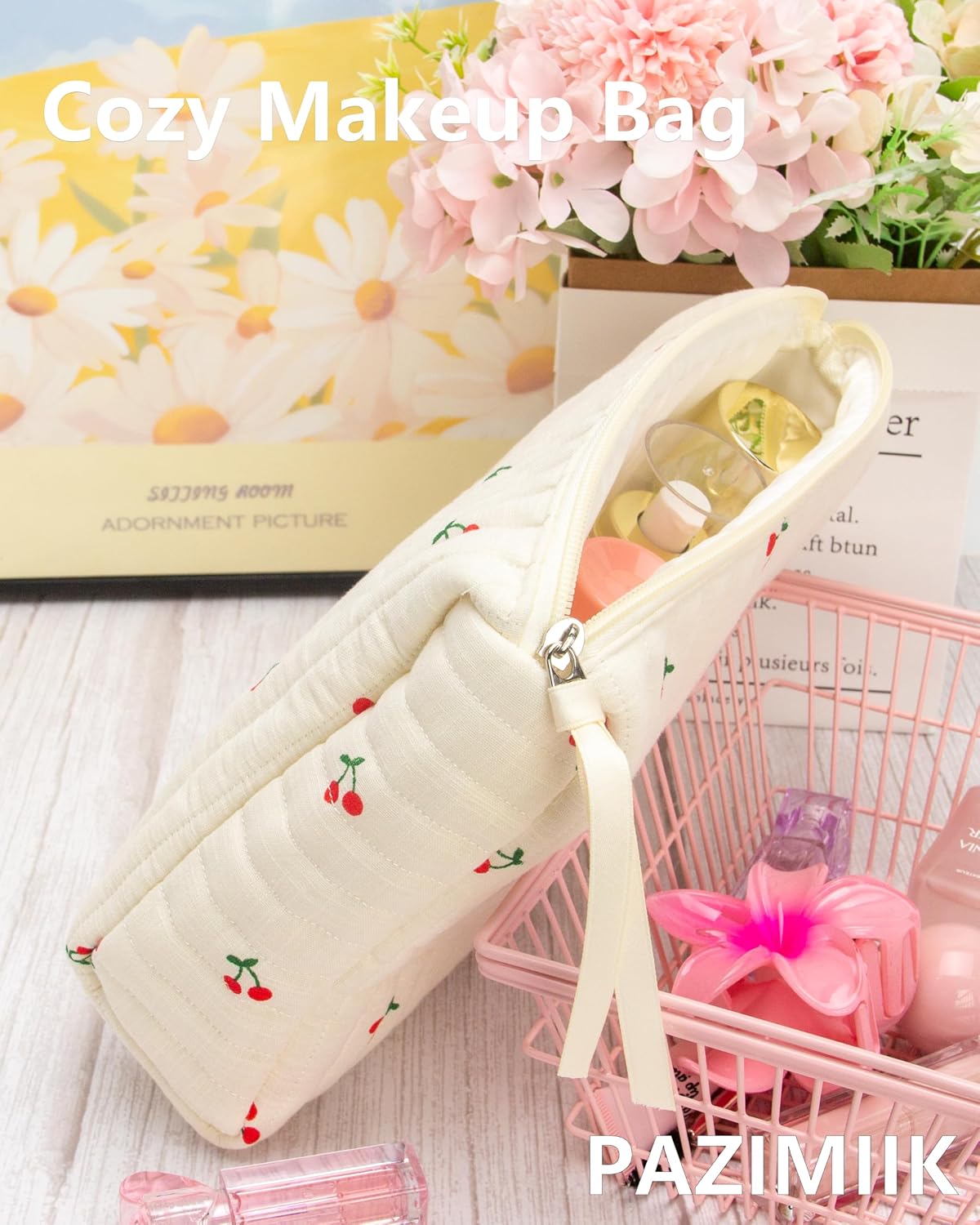 3 Piece Quilted Makeup Bag Set for Women,Cosmetic&Toiletry Bag,Cherry Beige