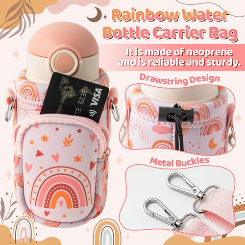2ooya Water Bottle Carrier for Kids Boho Rainbow Water Bottle Holder with Strap Cute Cartoon Sling Bag with Padded Strap Pocket 10/12/14/16/18Oz for Girls School Walking Hiking Camping Trip