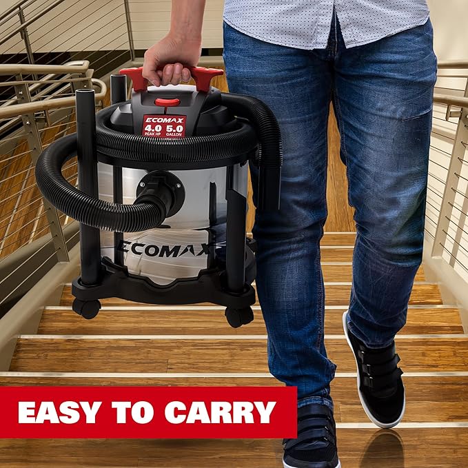 ECOMAX Shop Vacuum Wet and Dry 5 Gallon 4 HP Stainless Steel Wet Dry Vac with Powerful Suction and Blowing Function, Portable 3 in 1 Shop Vacuum for Home, Garage, Car, Jobsite and Workshop, EM18115