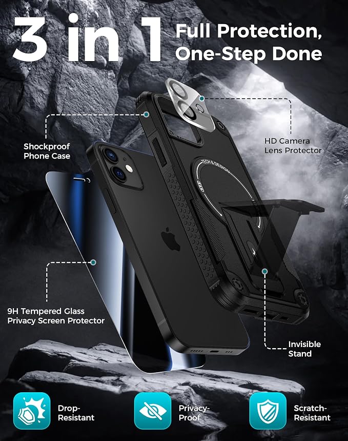 Goton for iPhone 12 Case with Privacy Tempered Glass Screen Protector & Camera