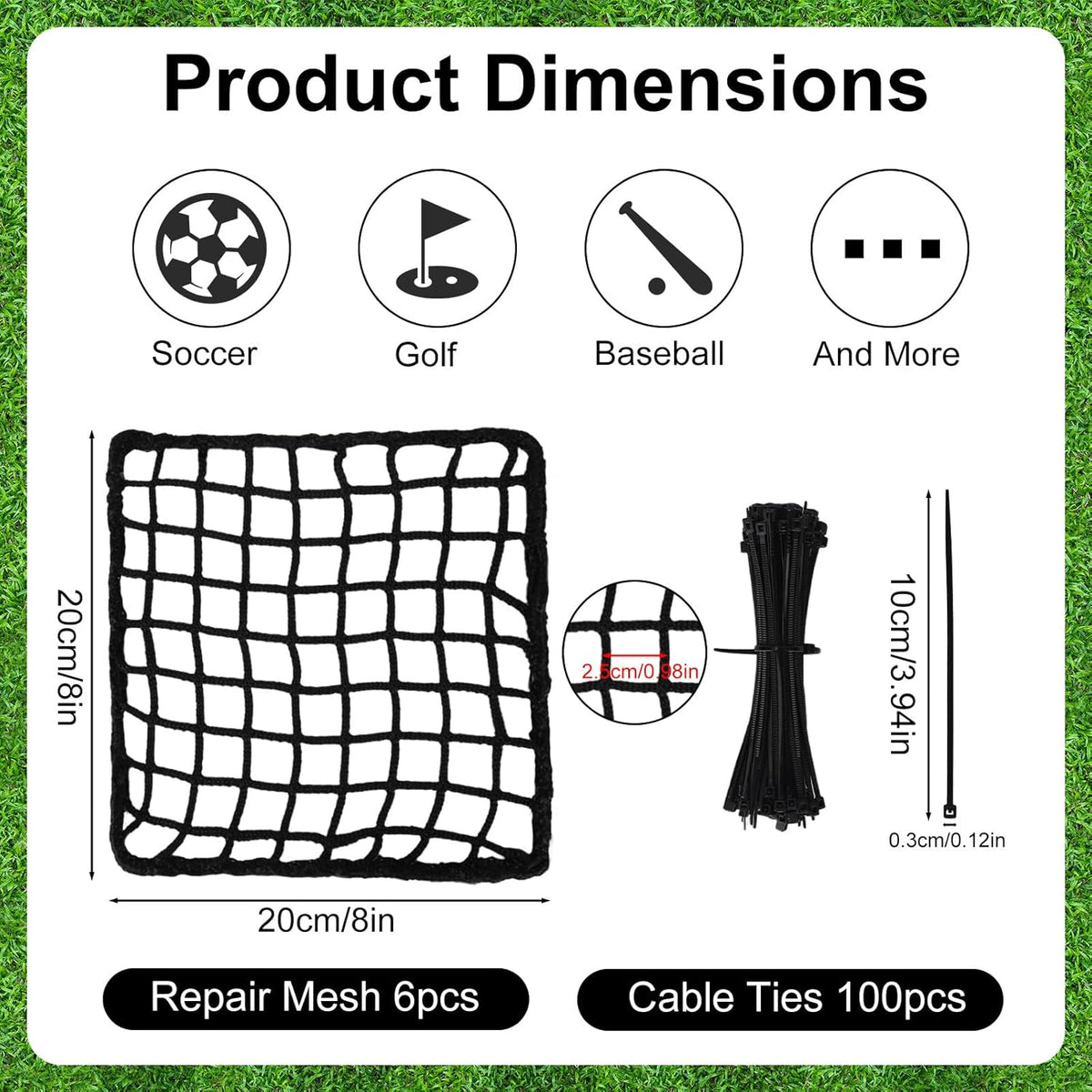 Penitue Universal Sports Net Repair Kit - 6 Pack with 100 Nylon Zip Ties & 20x20cm Hole Patches (Black)