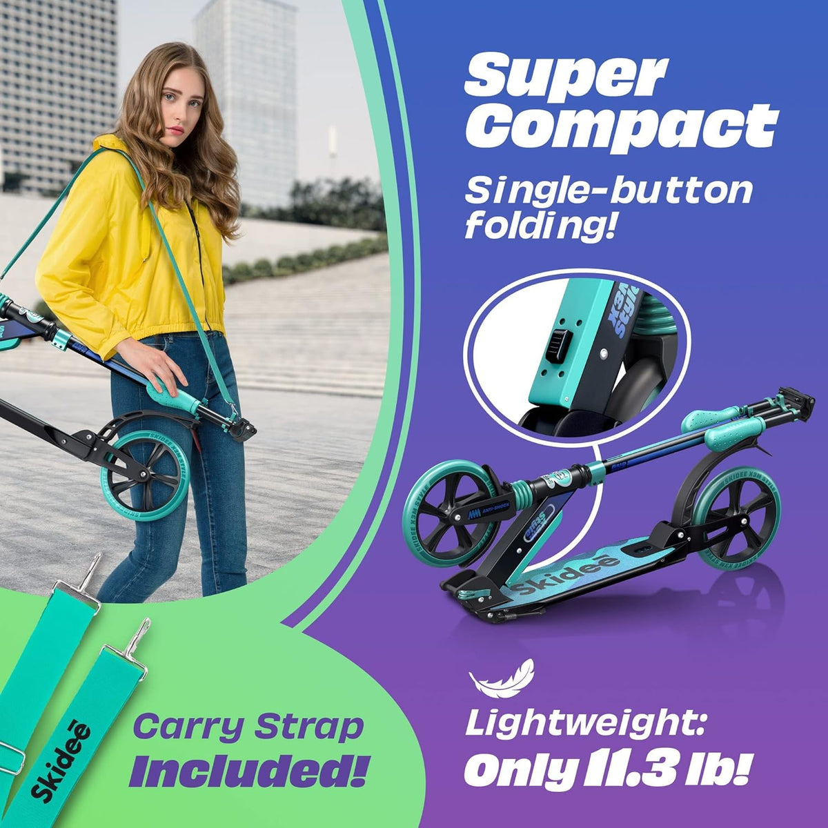 Skidee Scooter for Adults & Teens - Adjustable Height, Lightweight, Durable, Anti-Shock Suspension, Large Wheels, 220 lbs Capacity