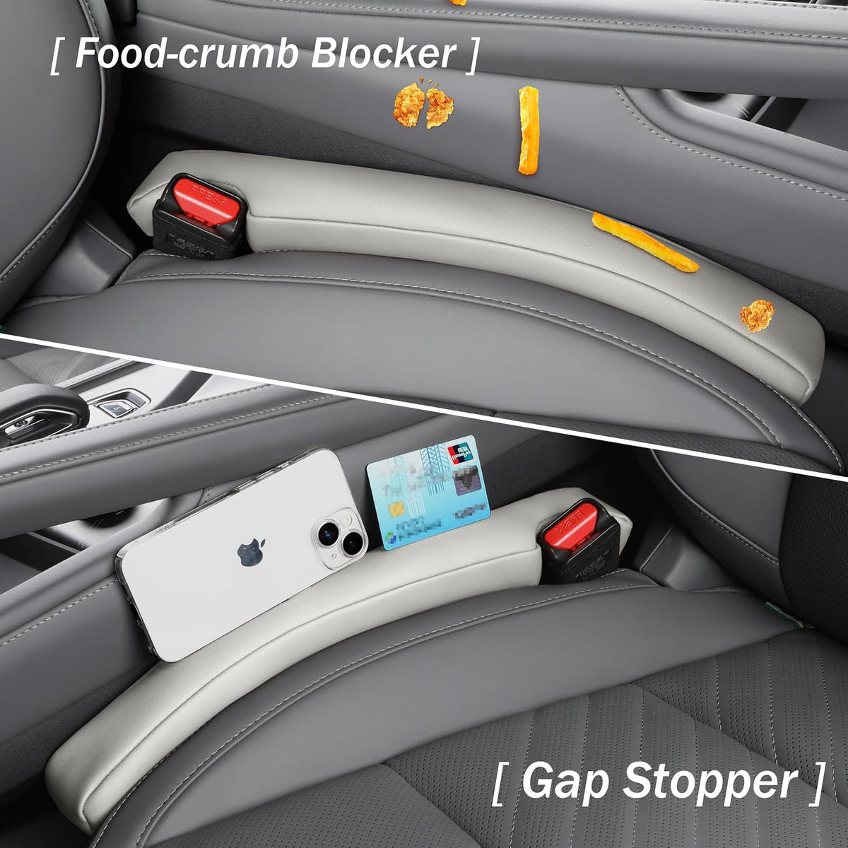Car Seat Gap Filler - 2 Pack Premium Leather Console Blockers for Cars, Trucks & SUVs - Adjustable 1.4-2.4 Inch Width - Prevents Items Falling Between Seats (Grey)