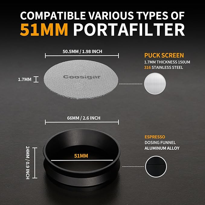 51mm Espresso Dosing Funnel and Puck Screen Set,Magnetic Dosing Funnel with 8 Magnets,Compatible with 51mm Delonghi Portafilter.Reusable 1.7mm 150μm Stainless Steel Puck Screen.(Black)