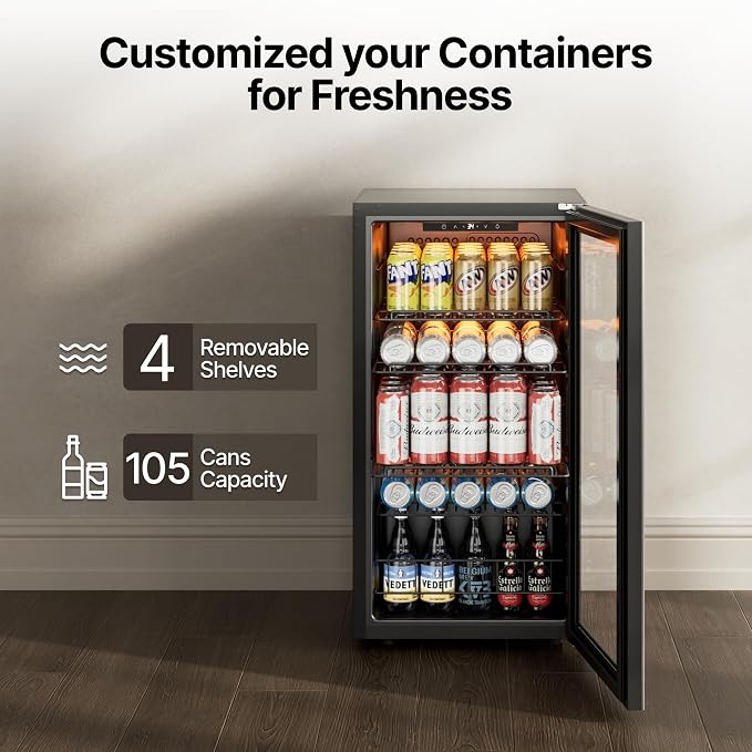 Ca'Lefort 105 Cans Mini Fridge, Beverage Refrigerator Cooler for Drink/Beer | 3.1 Cu.ft, Low-noise, Reversible Glass Door, 3-Color LED Lighting, Adjustable Shelves, 34℉ to 54℉