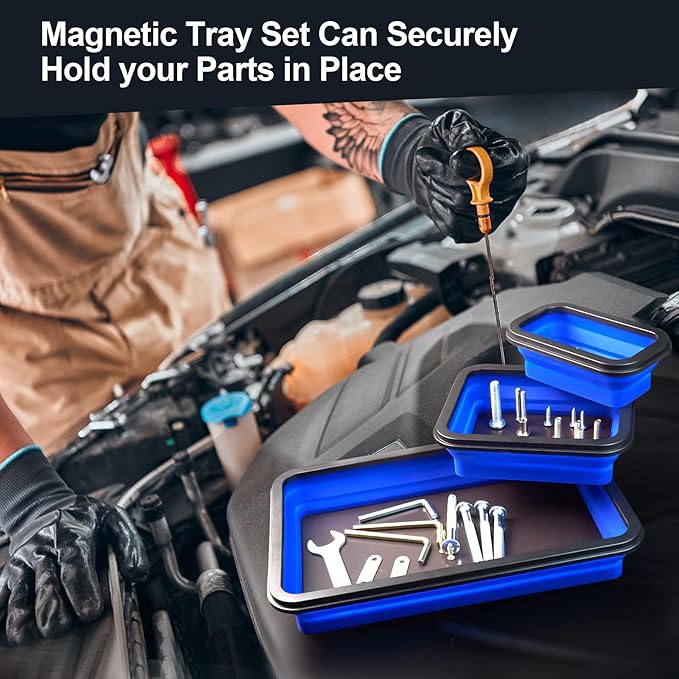 Collapsible Magnetic Parts Tray Set Foldable Magnetic Tray 3 Different Size Silicone Tool Trays for Screw, Bolts,Nuts,with Magnetic Base Stores and Organizes Small Parts and Tools