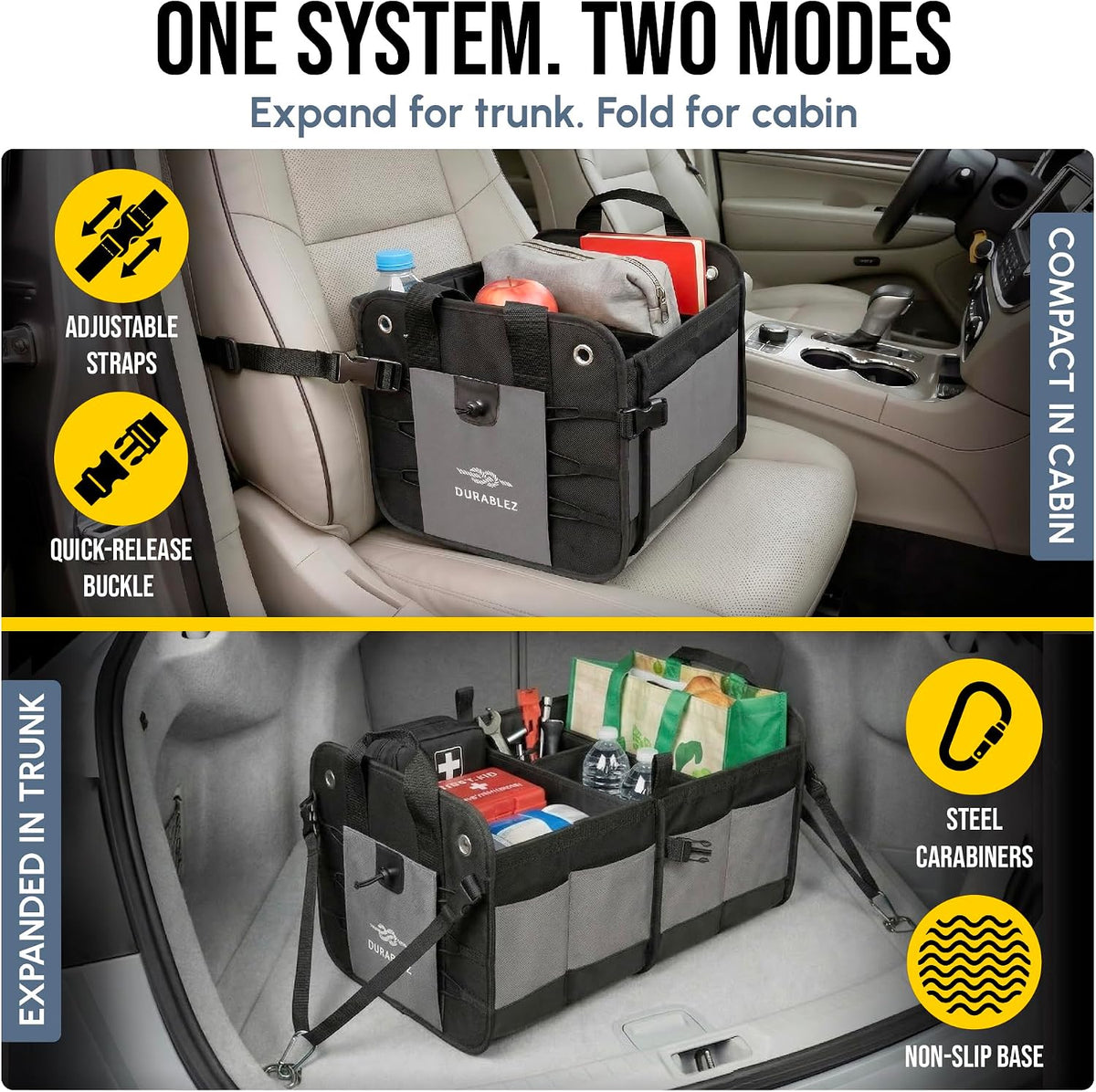 Compact Car Trunk Organizer 2-Section – Grocery, Tools, Cleaning Supplies Storage – Foldable Dual-Compartment Cargo Bin with Cover Net – Gray