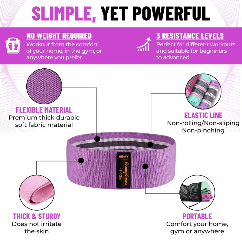 OrangeSpark Resistance Bands – Premium Workout Bands for Women & Men, 3-Piece Stretch Band Set for Glutes, Legs, Pilates & Strength Training (Pink)