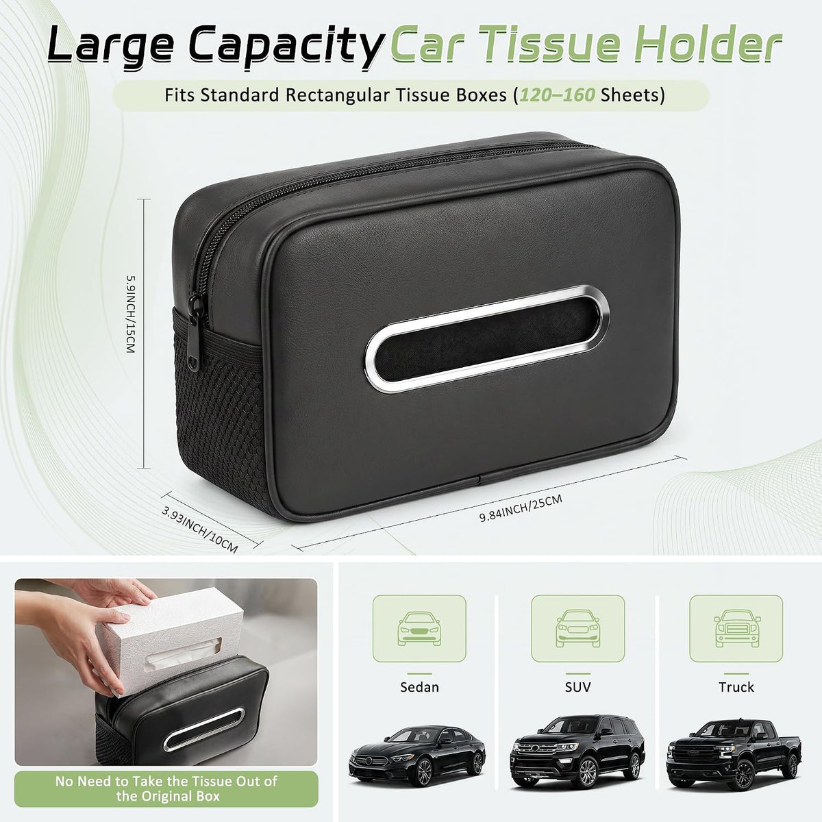 2PC Car Tissue Box Holder PU Leather Car Organizer with Side Storage Pocket