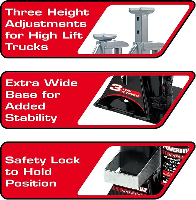 Powerbuilt Alltrade 640912 Black 3 Ton, All-in-One Bottle Jack & Big RED T43202 Torin Steel Jack Stands: 3 Ton (6,000 lb) Capacity, Red, 1 Pair