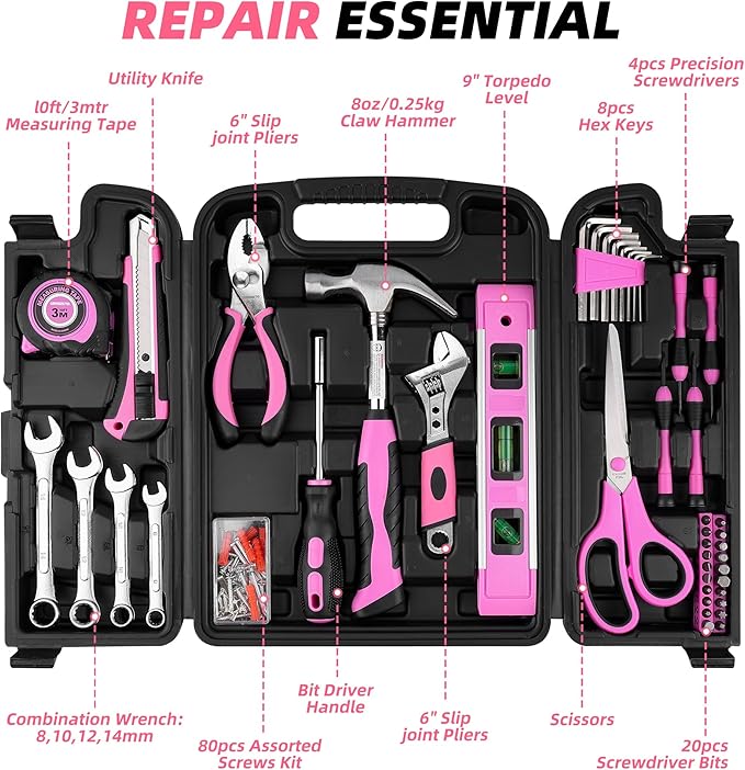 URASISTO 125 PCS Pink Household Tool Set, Pink Ladies Basic House DIY Toolkit Set for Home Garage Office College Dormitory Use, Hand Tool Kits for Women