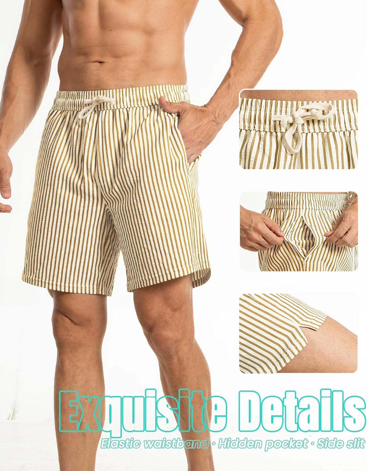 Skiennix 2-in-1 Seersucker Men’s Swim Trunks - Quick Dry with Compression Liner & Zipper Pockets - 7 Inches