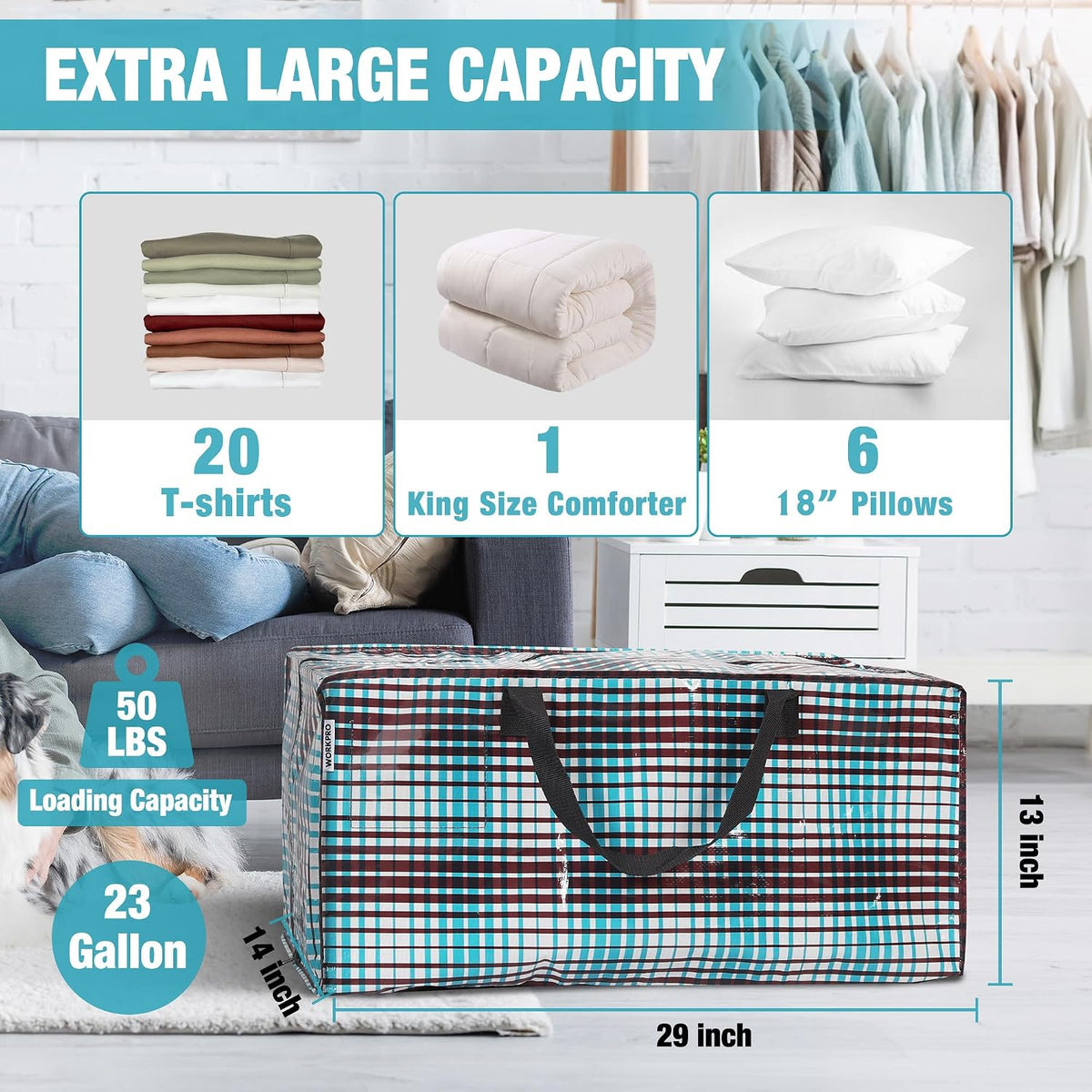 WORKPRO 6 Pack Extra Large Moving Bags with Zippers & Carrying Handles Backpack Straps, Heavy-Duty Storage Tote for Space Saving & Storage, Alternative to Moving Box (Lattice Printing)