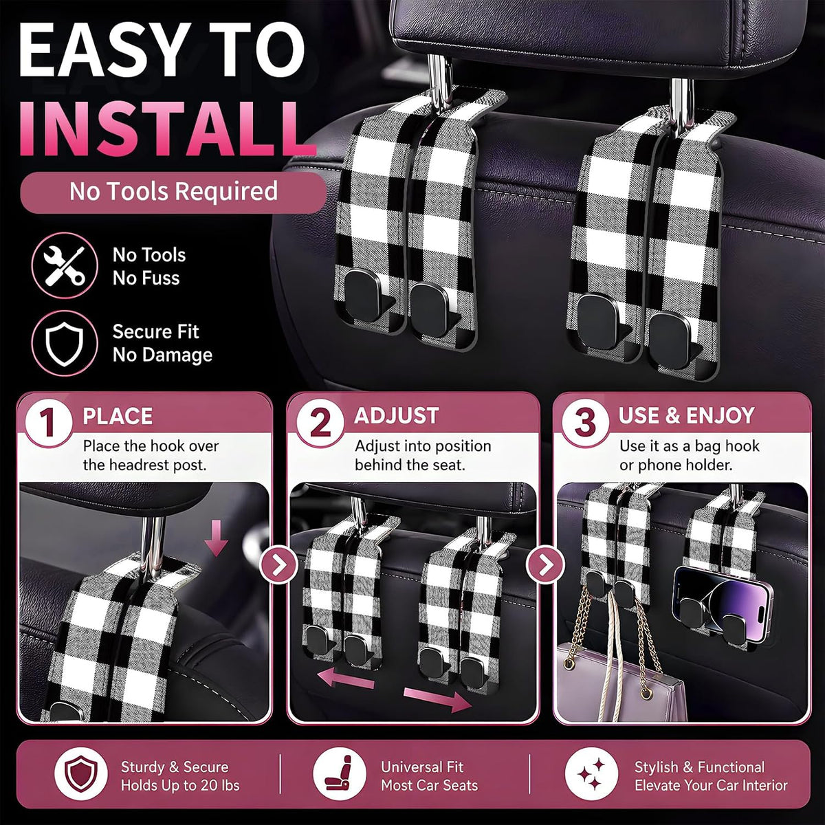 Car Seat Back Storage Hook, Funny Car Purse Hook, Cute Vehicle Storage Organizer for Purses Handbags Black White Plaid