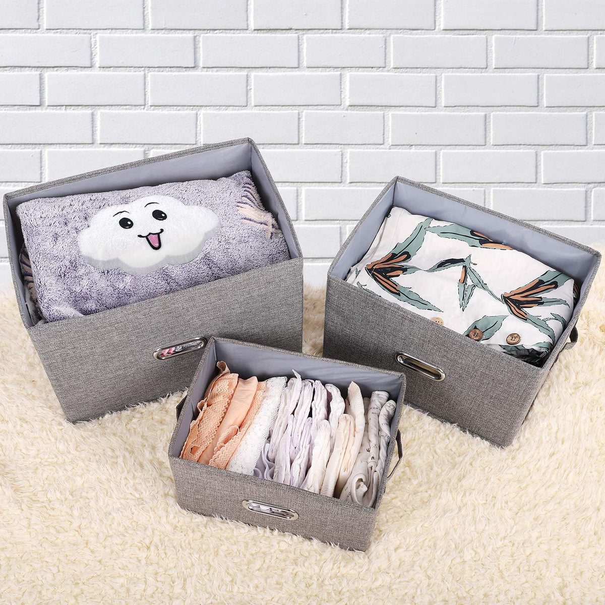 Large Linen Collapsible Storage Bins with Removable Lids and Handles, Washable Storage Box Containers Baskets Cube with Cover for Bedroom,Closet,Office,Living Room,Nursery (Grey, Large)