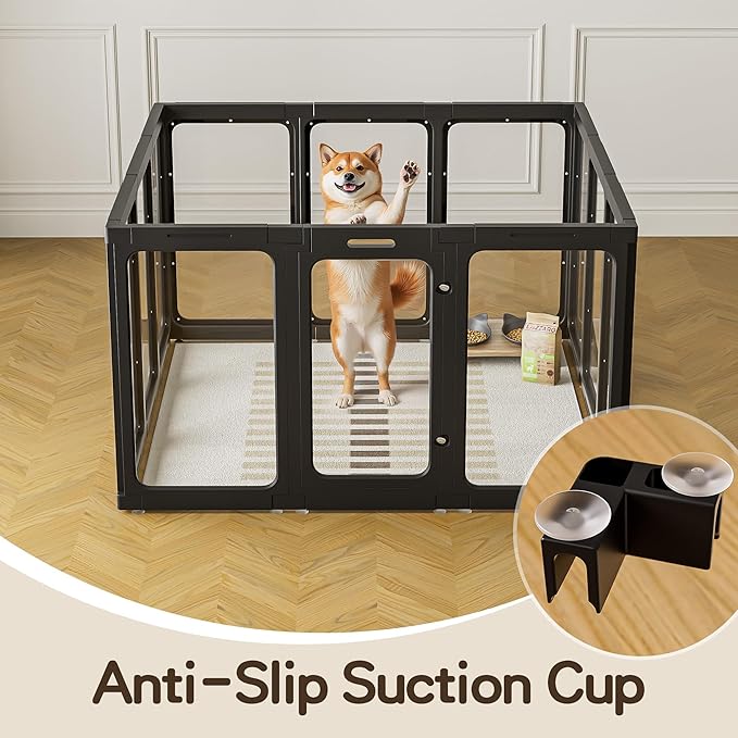 Jalove Clear Acrylic Dog Playpen Indoor, 12 PCS Plastic Puppy Playpen with Door, Cat Rabbit Ferret Pet Play Pen, Easy Assemble Dog Fence Crate Kennel Whelping Cage Enclosure for Small Dogs, Black