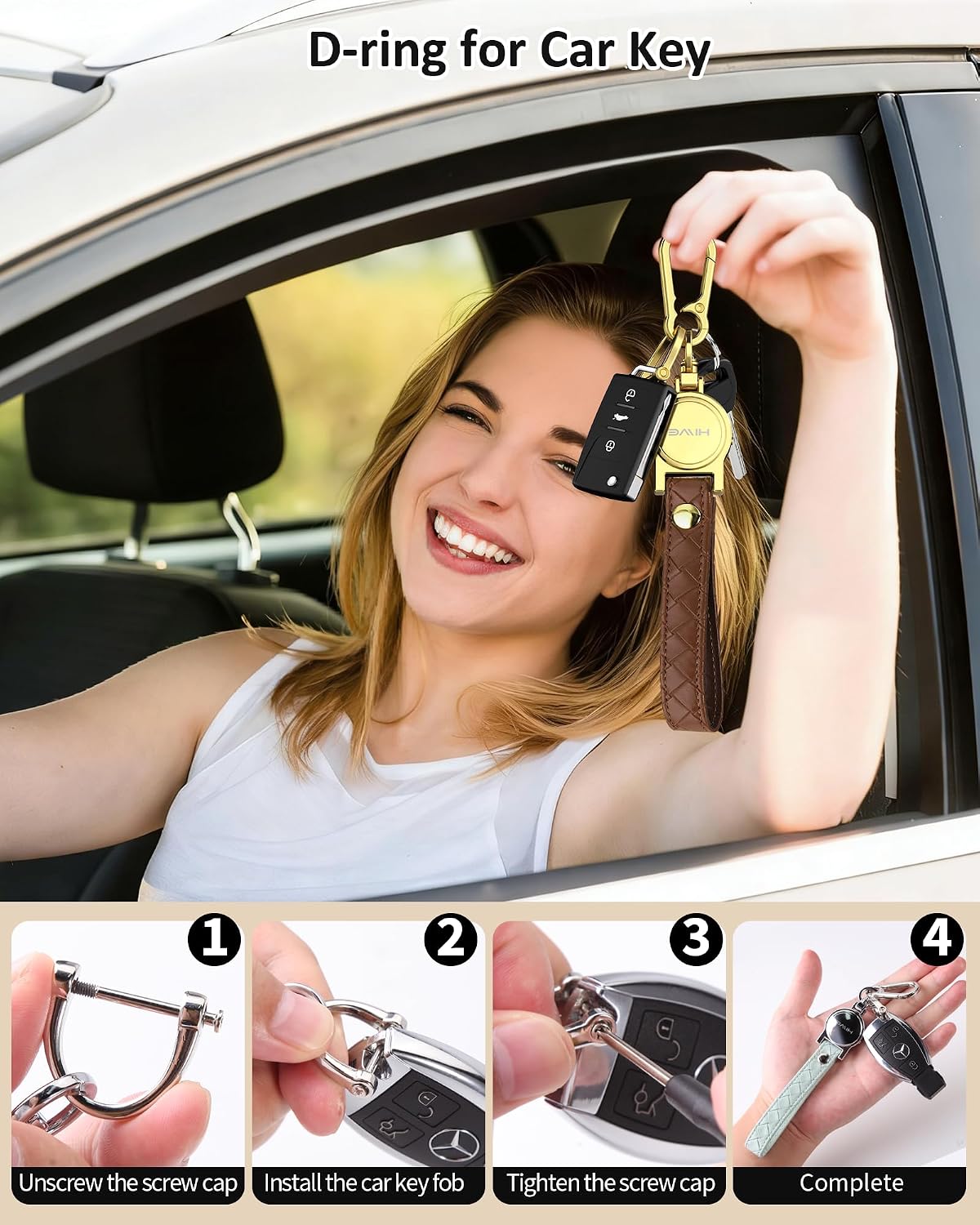 HiWe Anti-Lost Keychain, Works with Apple Find My, Carabiner Car Key Holder with Texture Leather Strap, Bluetooth Key Finder Tracker, USB-C Rechargeable, Brown
