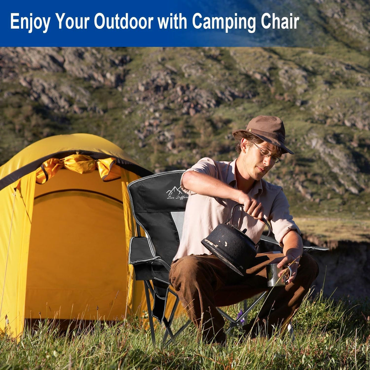 Skiennix Outdoor Folding Camping Chair - Breathable Mesh, 400lbs Capacity, Cup Holder & Storage Bag | Black